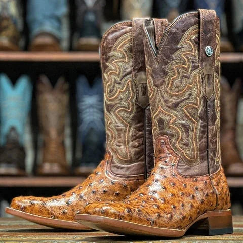 Tanner Mark Men's Ostrich Print Boots Cognac Square Toe Boots