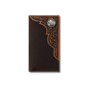 Men's Ariat Leather Bi-fold Wallet with Round Silver Concho A3532208 - Crazy House Western Wear