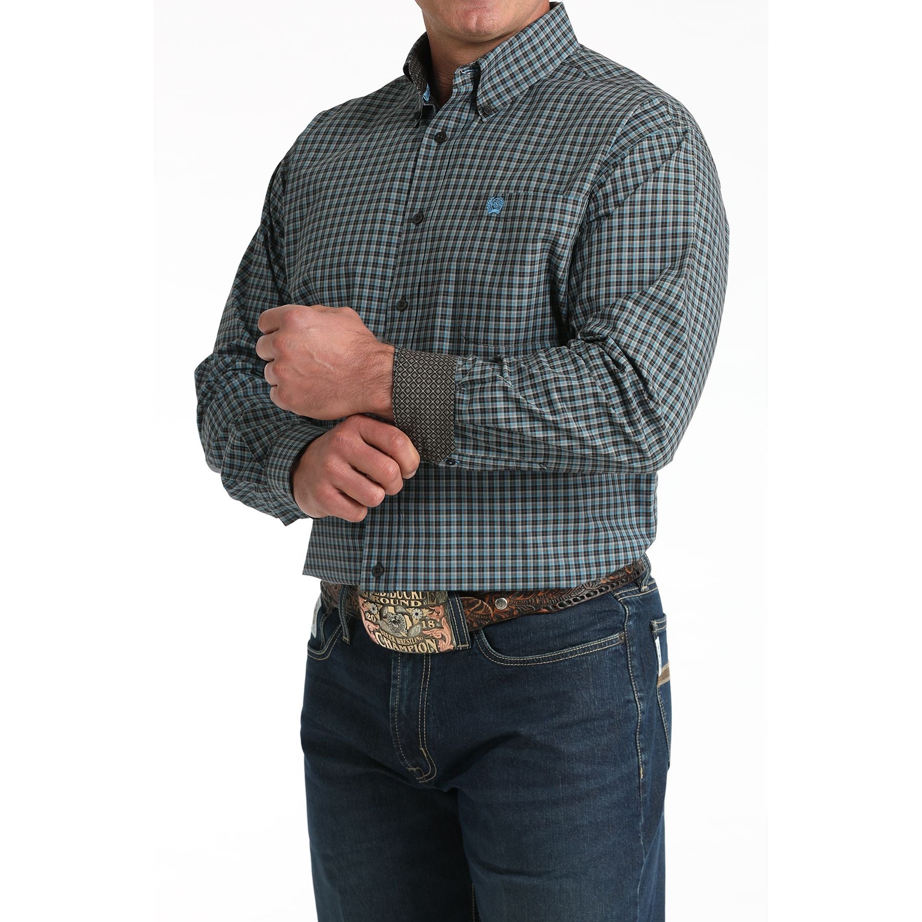 Men's Cinch Brown/Blue Small Plaid Classic Fit Button-Down Western Shirt MTW1106006