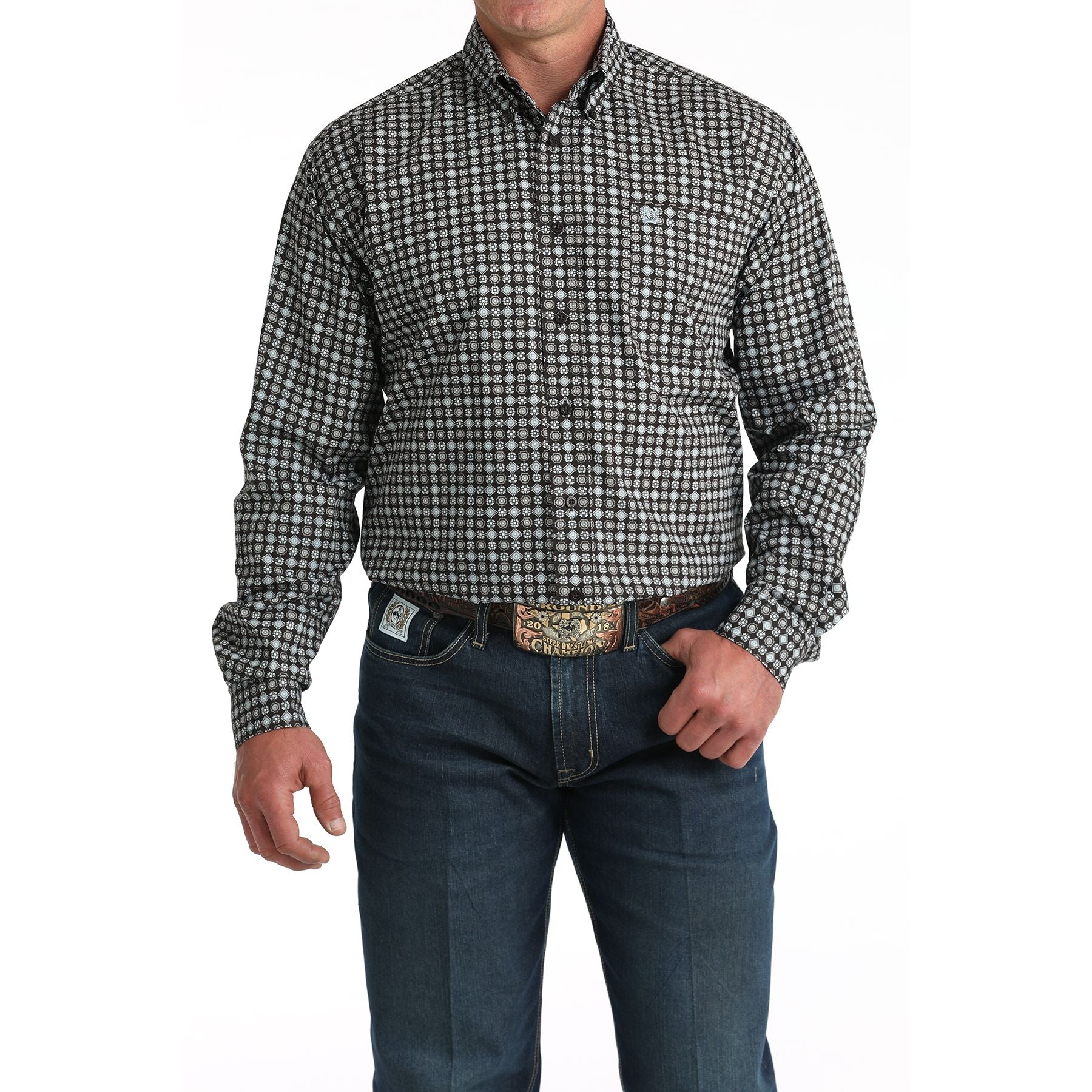 Men's Cinch Brown Geometric Print Button Down Shirt MTW1106002