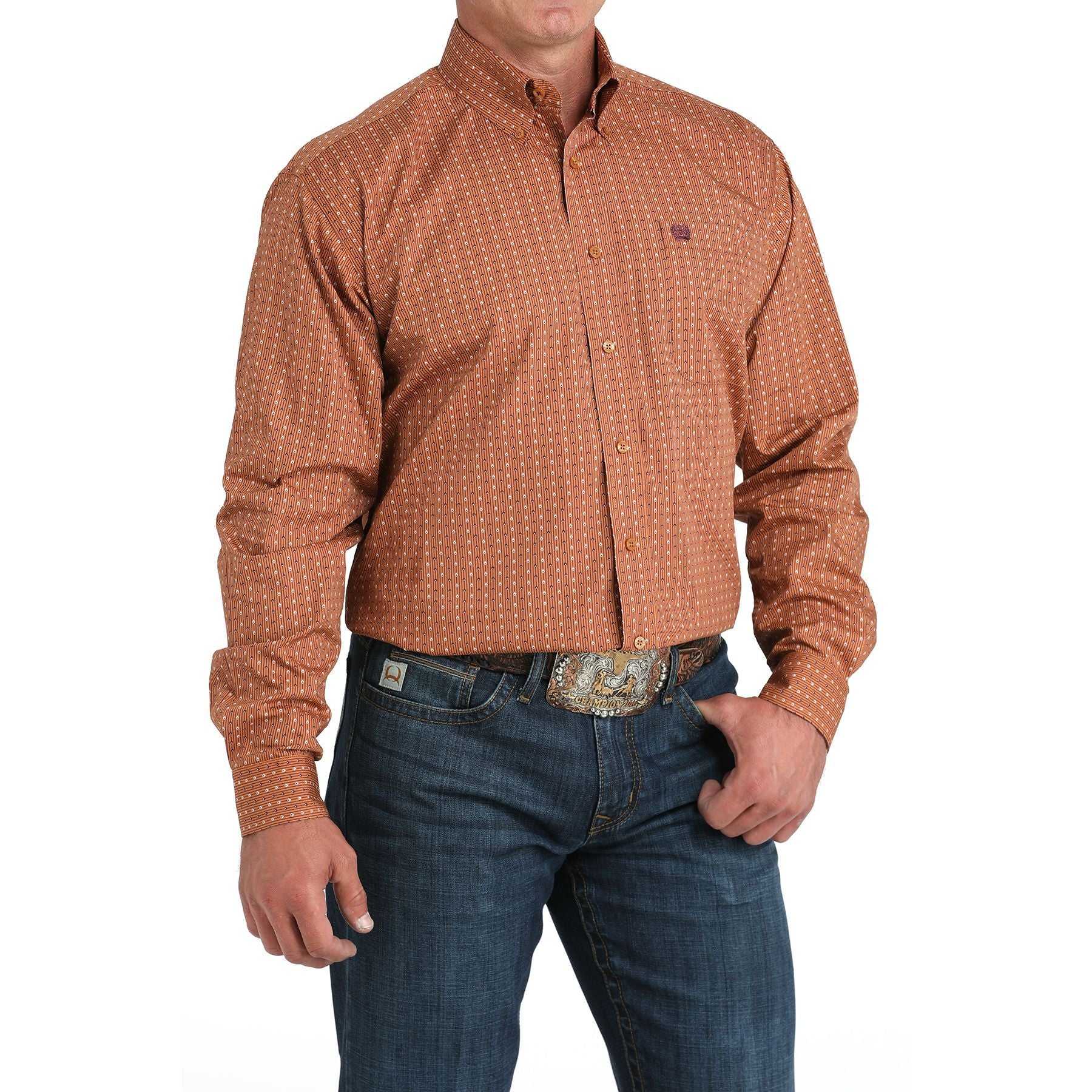 Men's Cinch Brown Geometric Print Long Sleeve Shirt MTW1105978