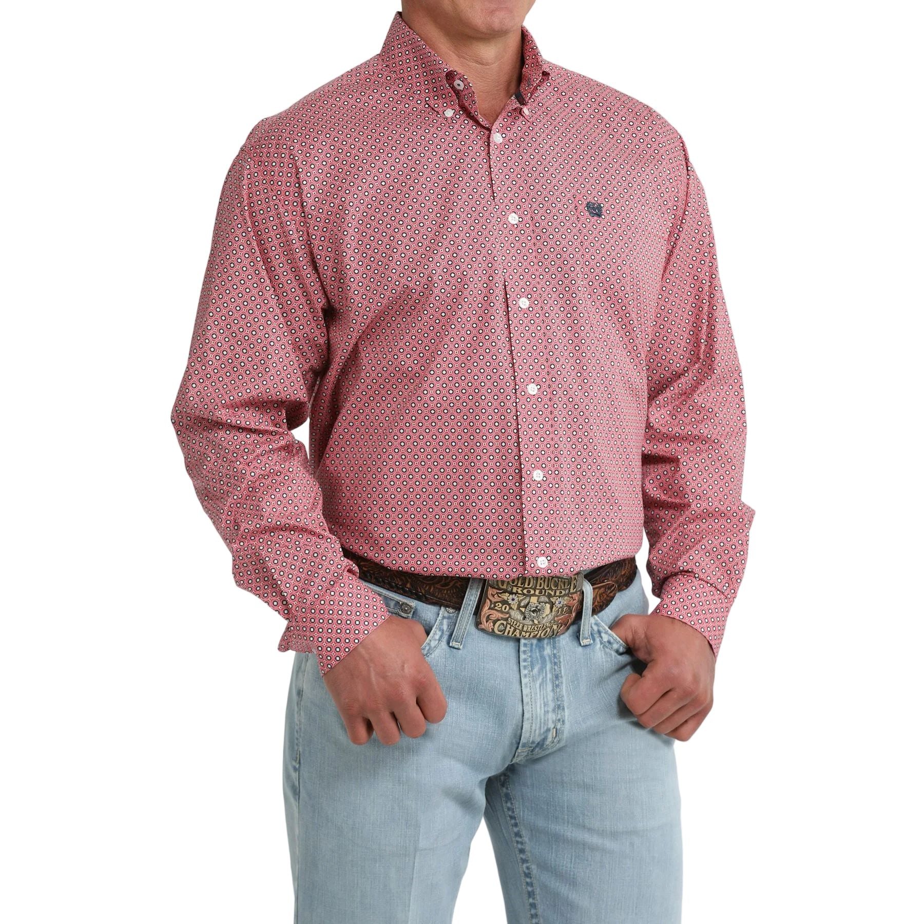 Men's Cinch Long Sleeve Pink Geo Print Button Down Shirt MTW1106100