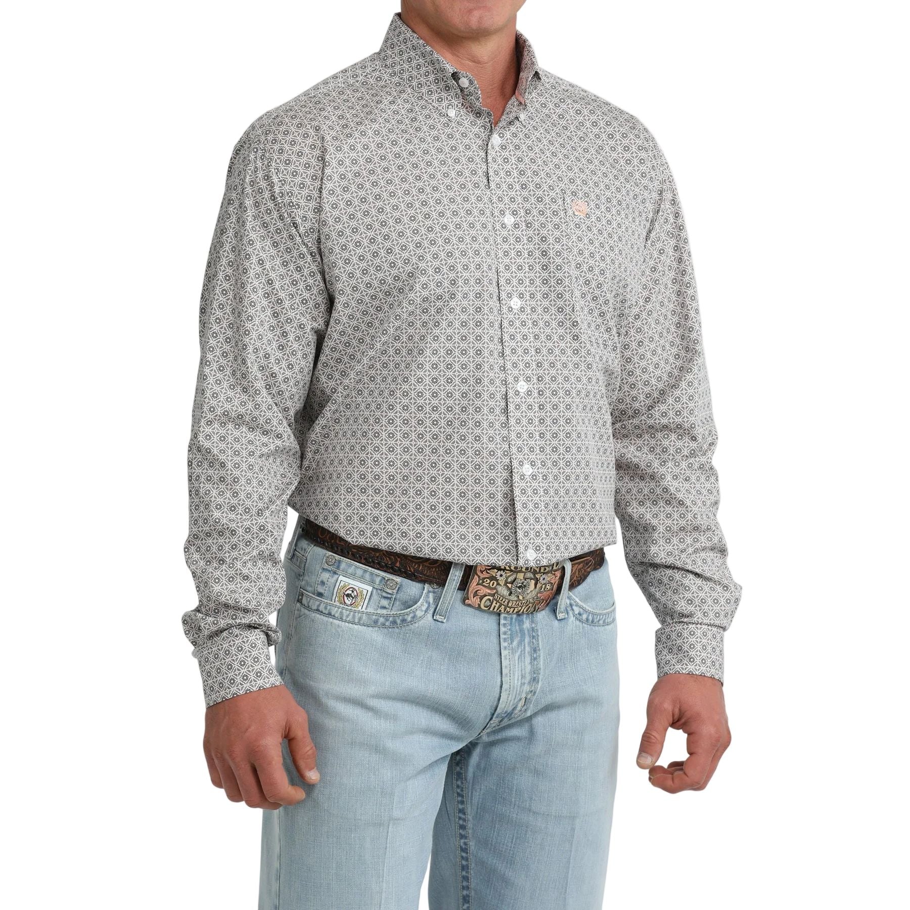 Men's Cinch Long Sleeve White Printed Button Up Shirt MTW1106102