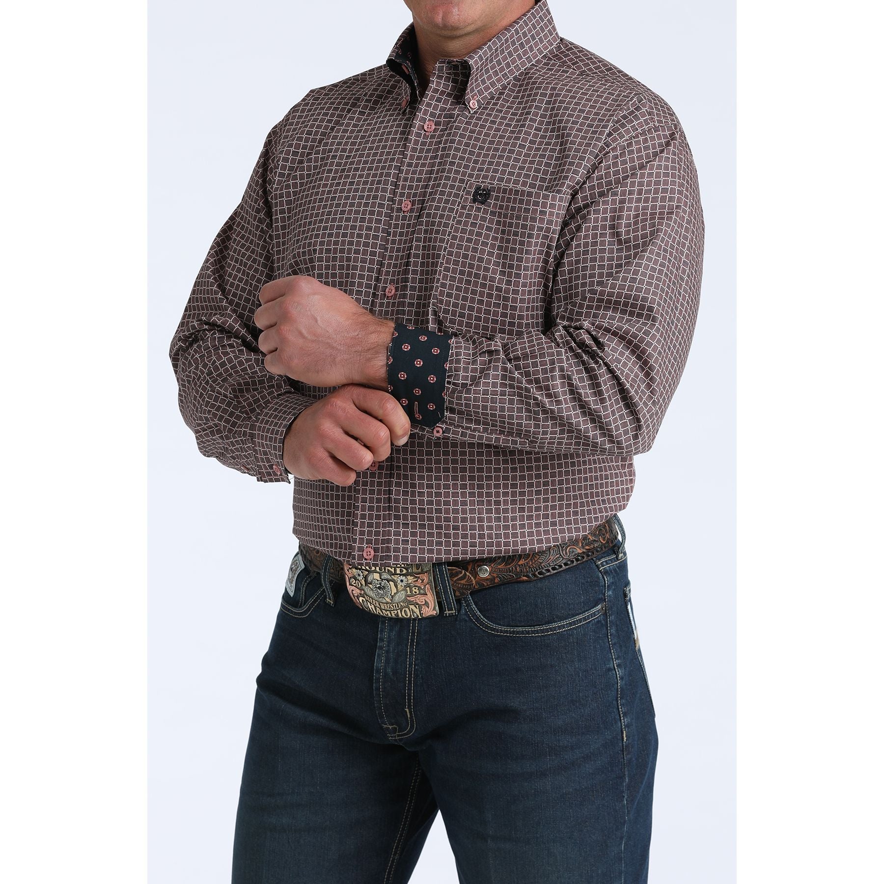 Men's Cinch Pink Square Stitch Print Classic Fit Button-down Western Shirt MTW1106016
