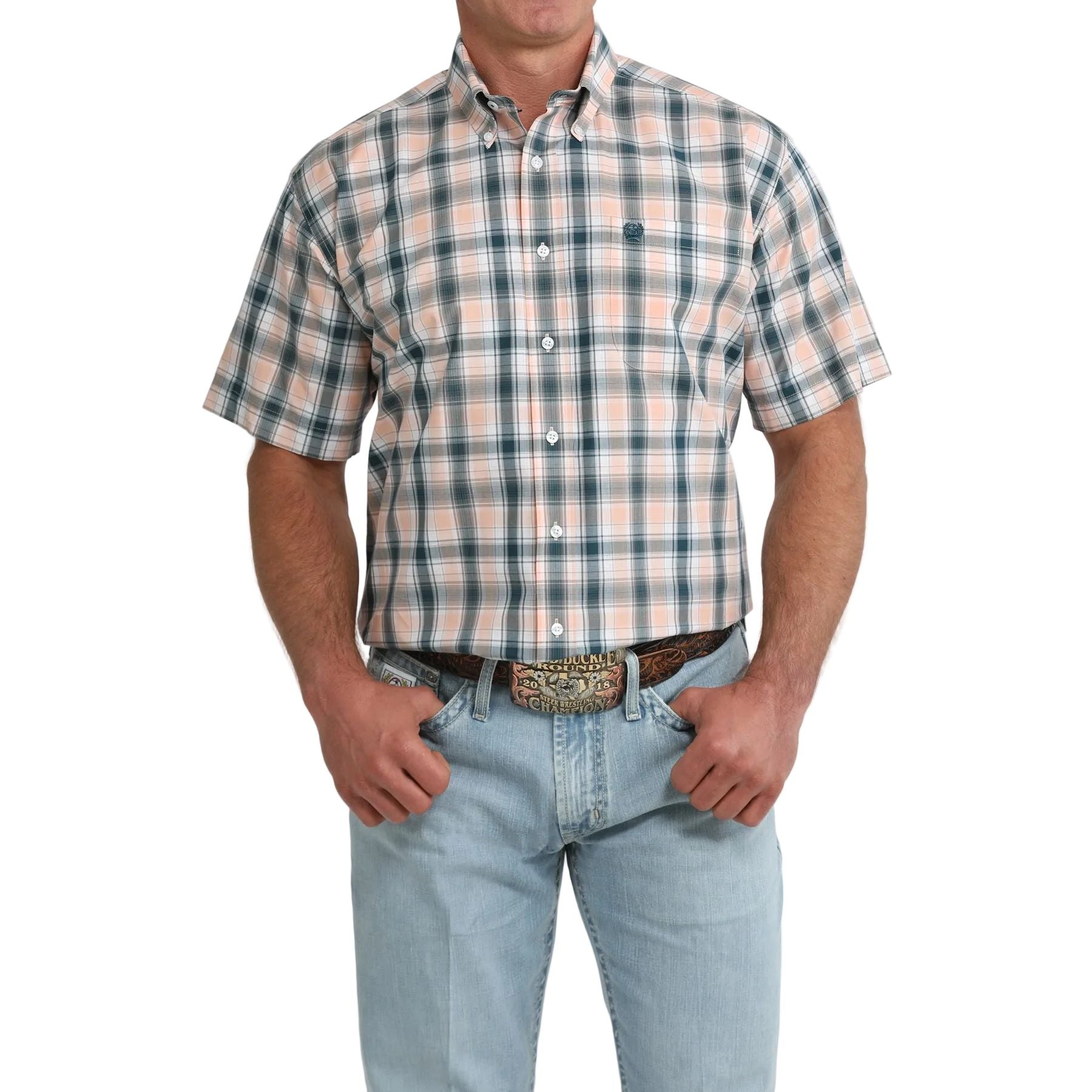Men's Cinch Short Sleeve Coral Plaid Classic Fit Shirt MTW1111525