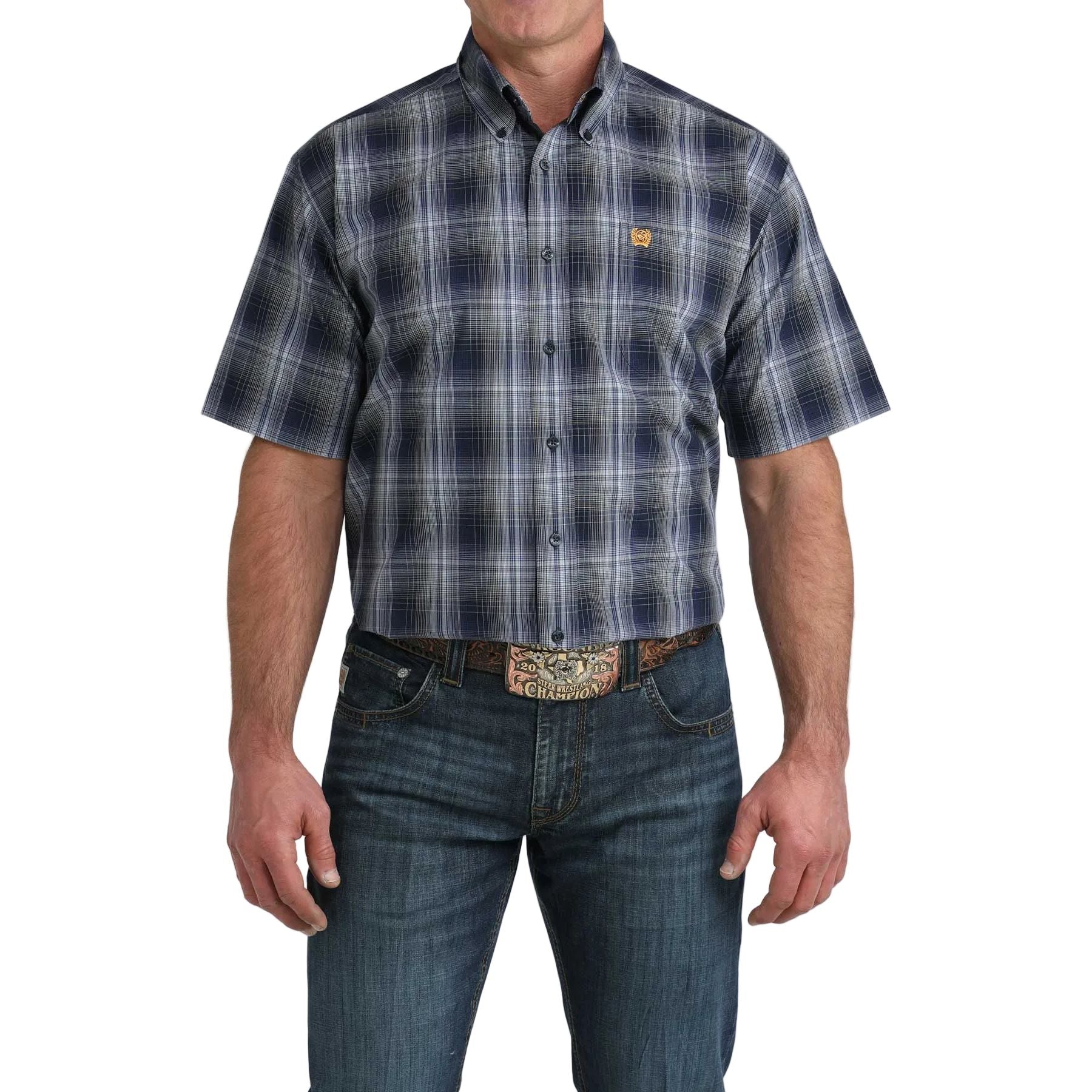 Men's Cinch Short Sleeve Navy Plaid Button Up Shirt MTW1111516