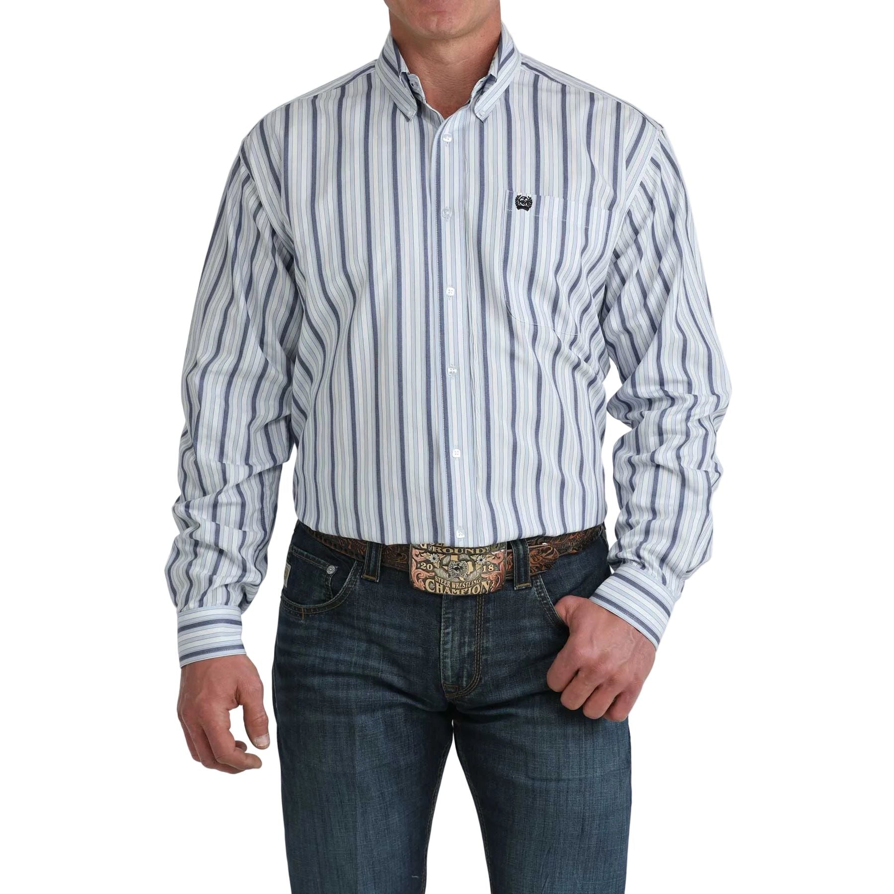 Men's Cinch White and Blue Striped Classic Fit Button Down Shirt MTW1106077