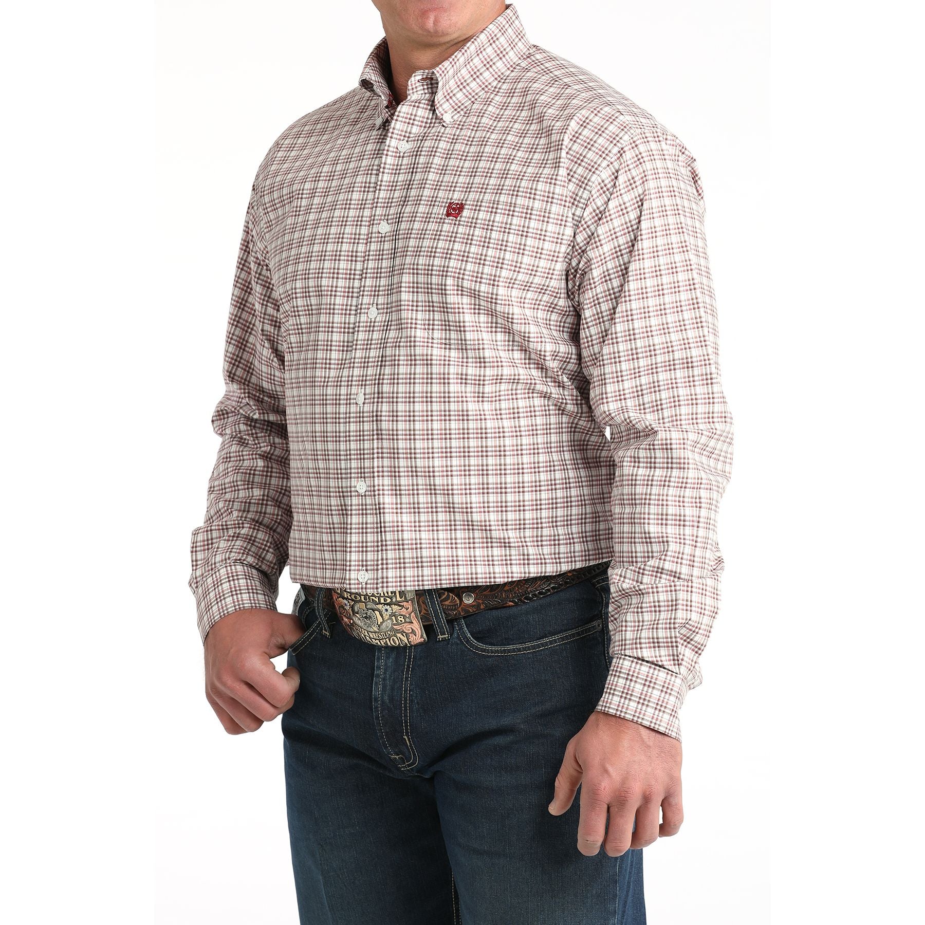 Men's Cinch White/Red Small Plaid Classic Fit Button-Down Western Shirt MTW1106015