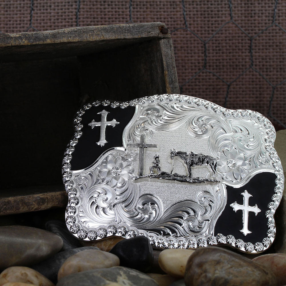 Men's Montana Silversmiths Christian Flourish Scallop Shape Belt Buckle With Christian Cowboy 3611-731M