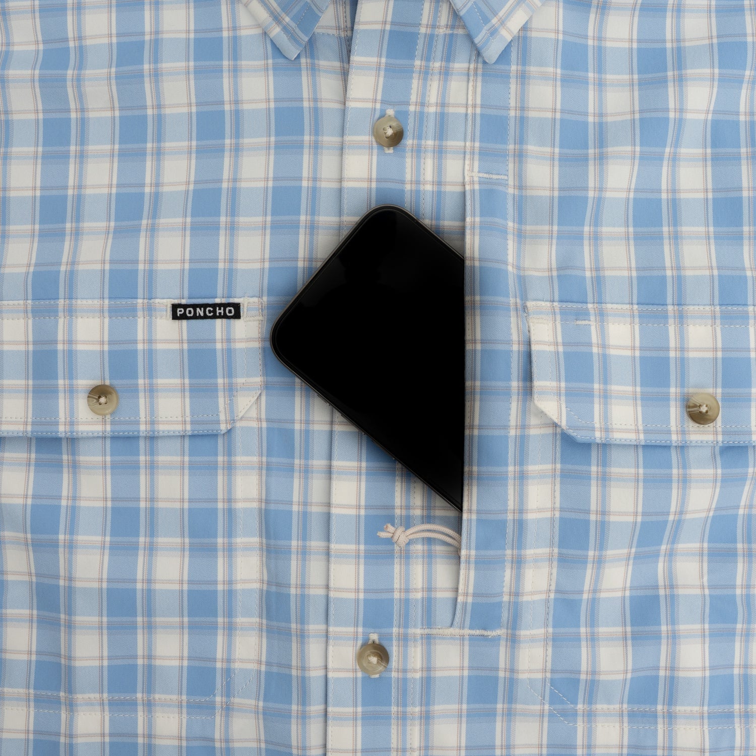 Men's Poncho Blue and White Plaid The Snake River Long Sleeve Button Up Shirt