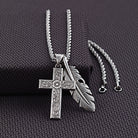 Men's Twister Silver Chain Necklace with Cross and Feather Pendant
