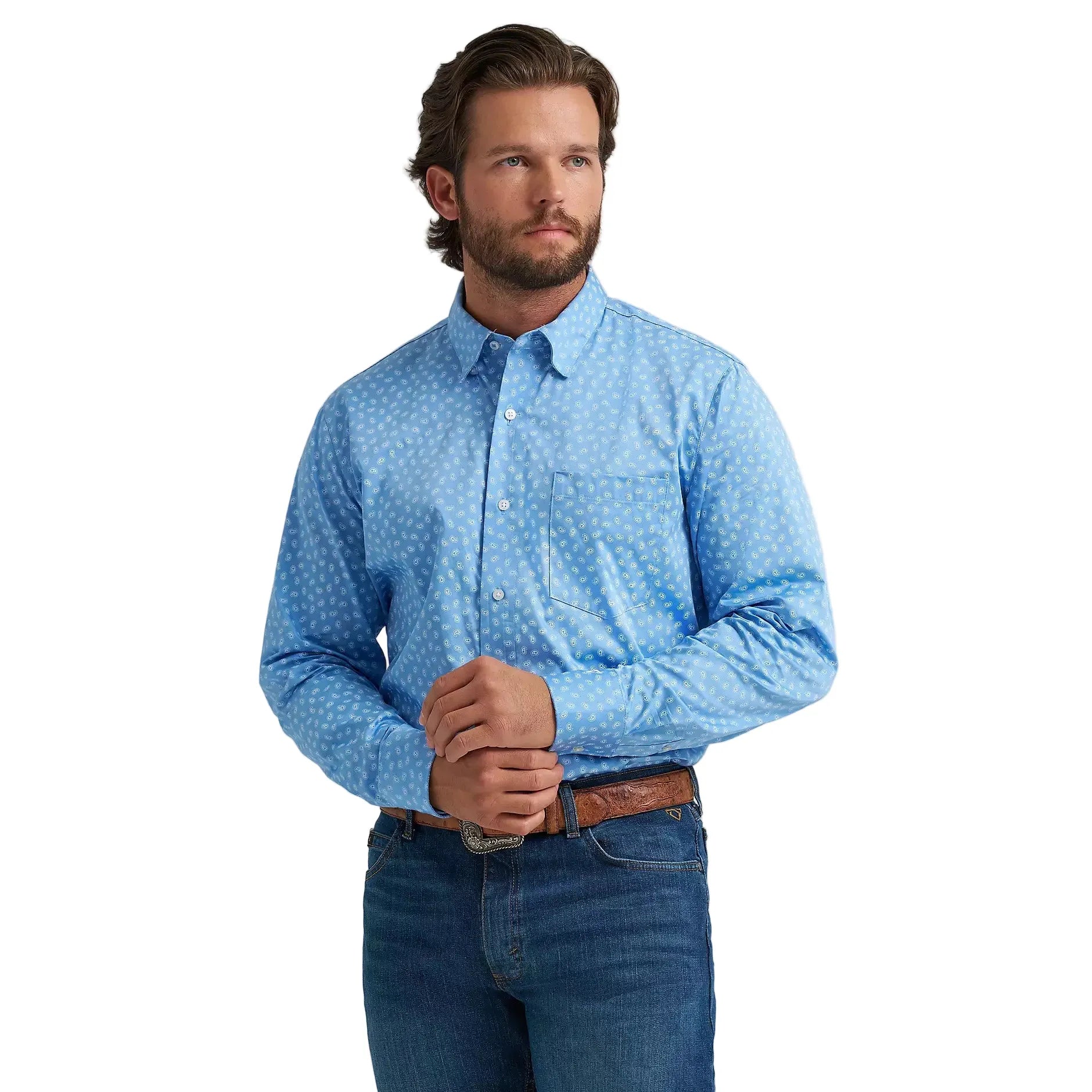 Men's Wrangler Cody Johnson Azure Paisley One Pocket Button Down Shirt 112374495