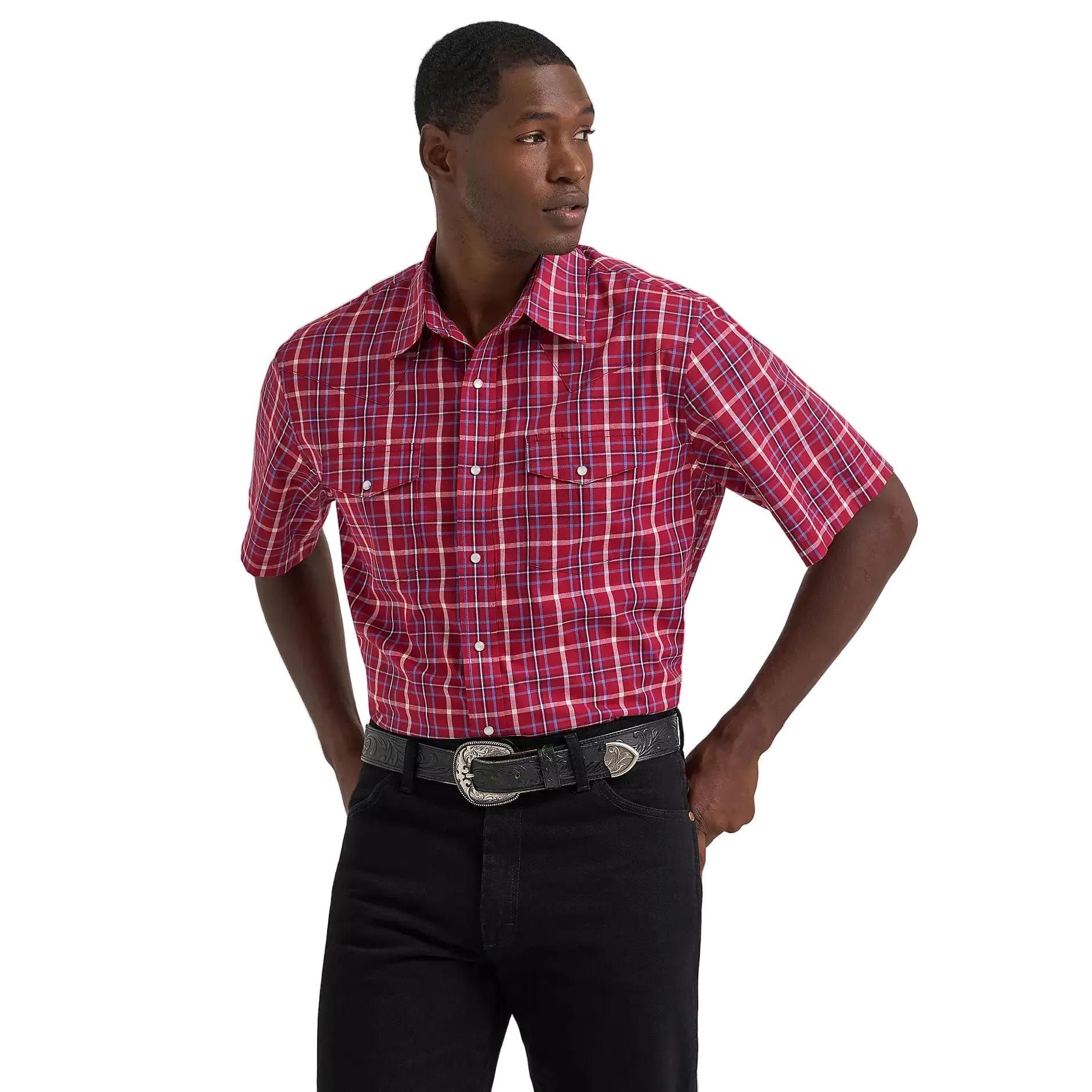 Men's Wrangler Deep Cherry Wrinkle Resist Short Sleeve Western Snap Shirt 112374878