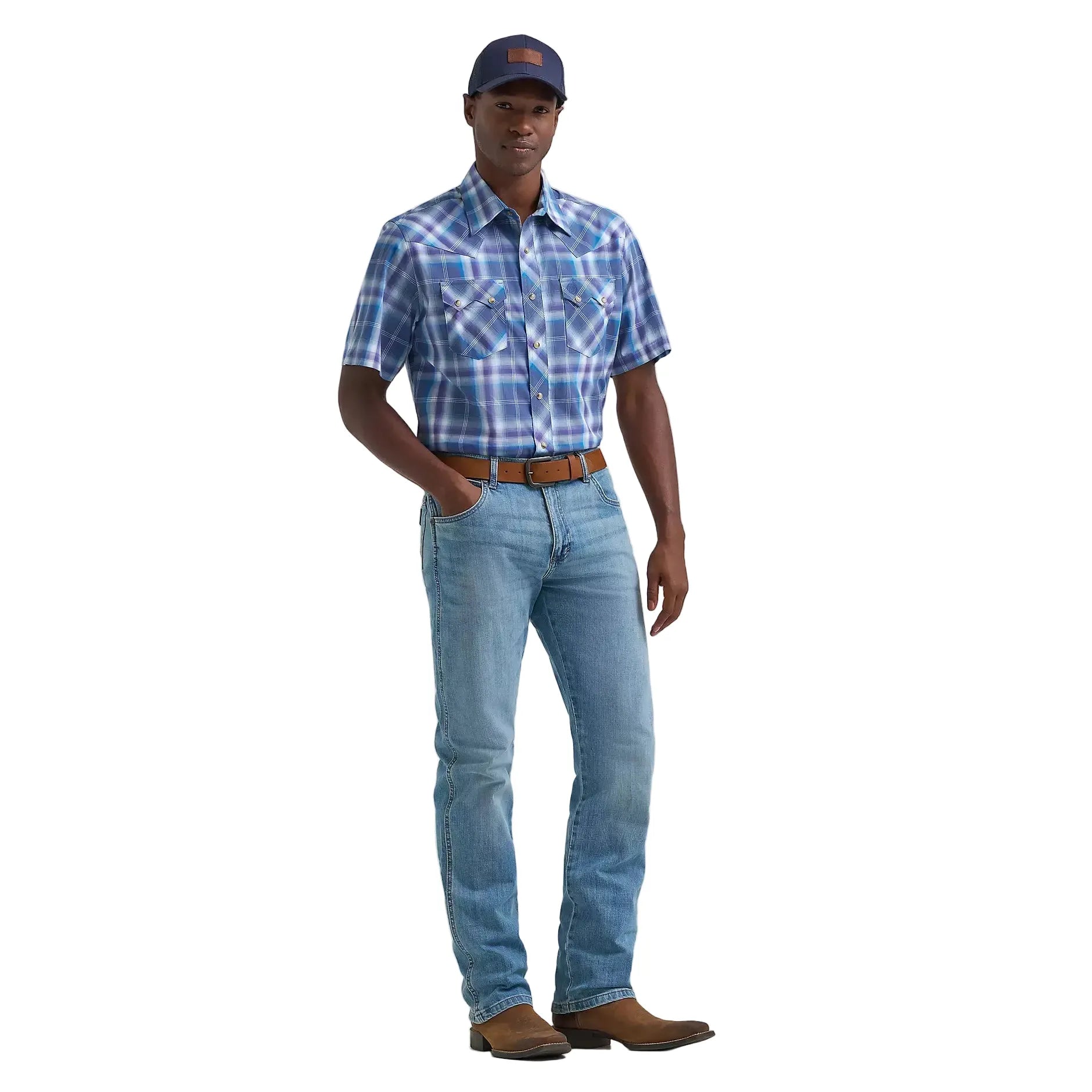 Men's Wrangler Navy Orchid Retro Short Sleeve Sawtooth Pocket Western Shirt 112374756