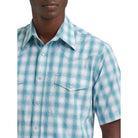 Men's Wrangler Pale Teal Wrinkle Resist Short Sleeve Western Snap Plaid Shirt 112379029
