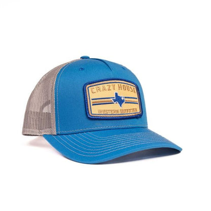 Blue Snapback with Tan Outfitter Patch - Crazy House Western Wear