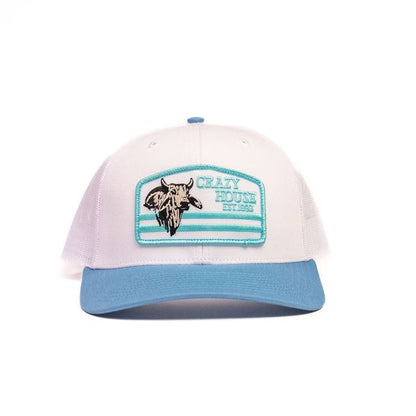 White and Light Blue Snapback with Bull Patch - Crazy House Western Wear