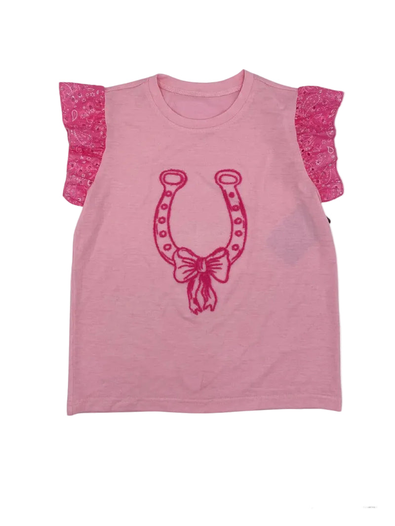 Girl's Youth Pink Horse Shoes Ruffle Sleeves T-shirt 