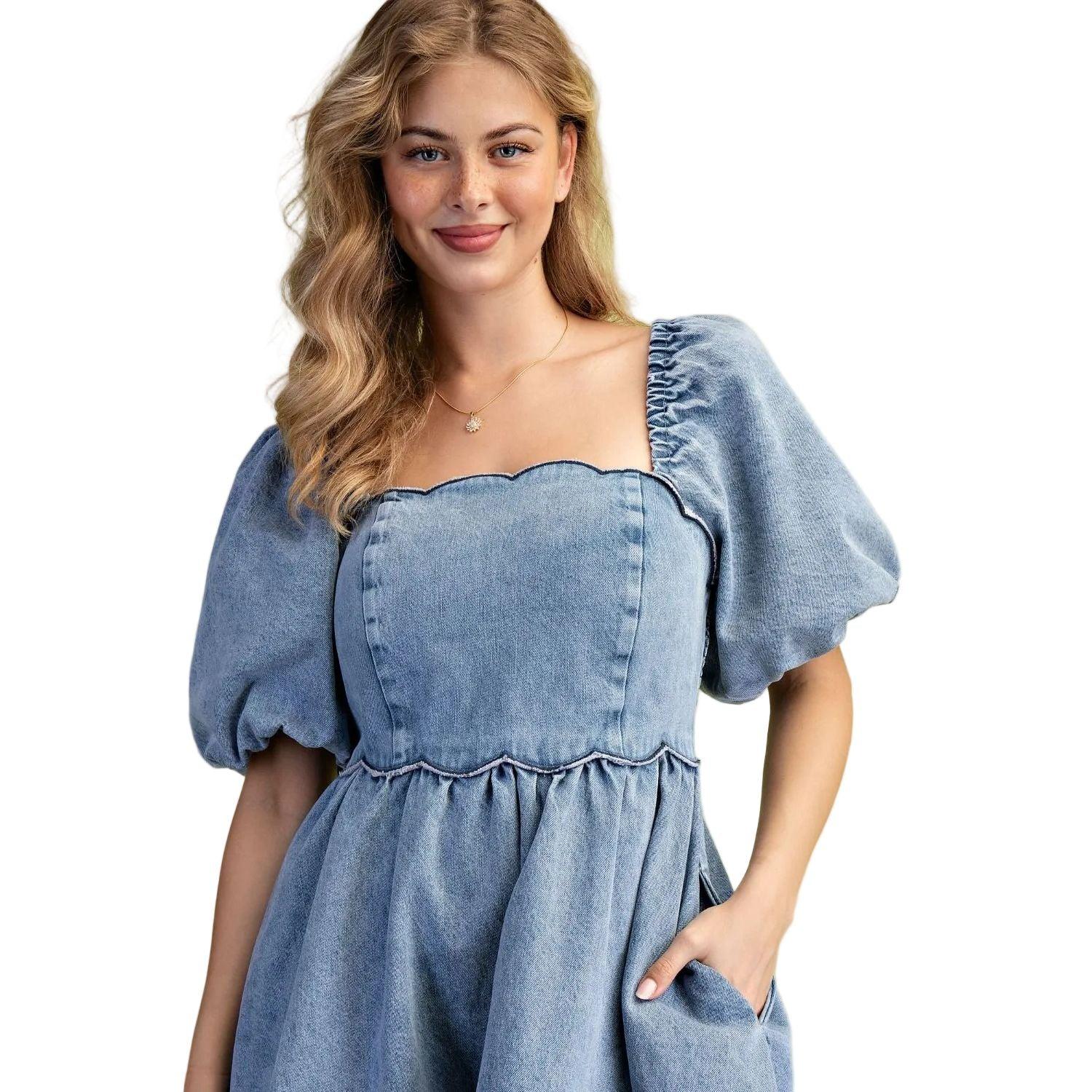 Women's Easel Short Bubble Sleeves Washed Denim Dress SD300080 S