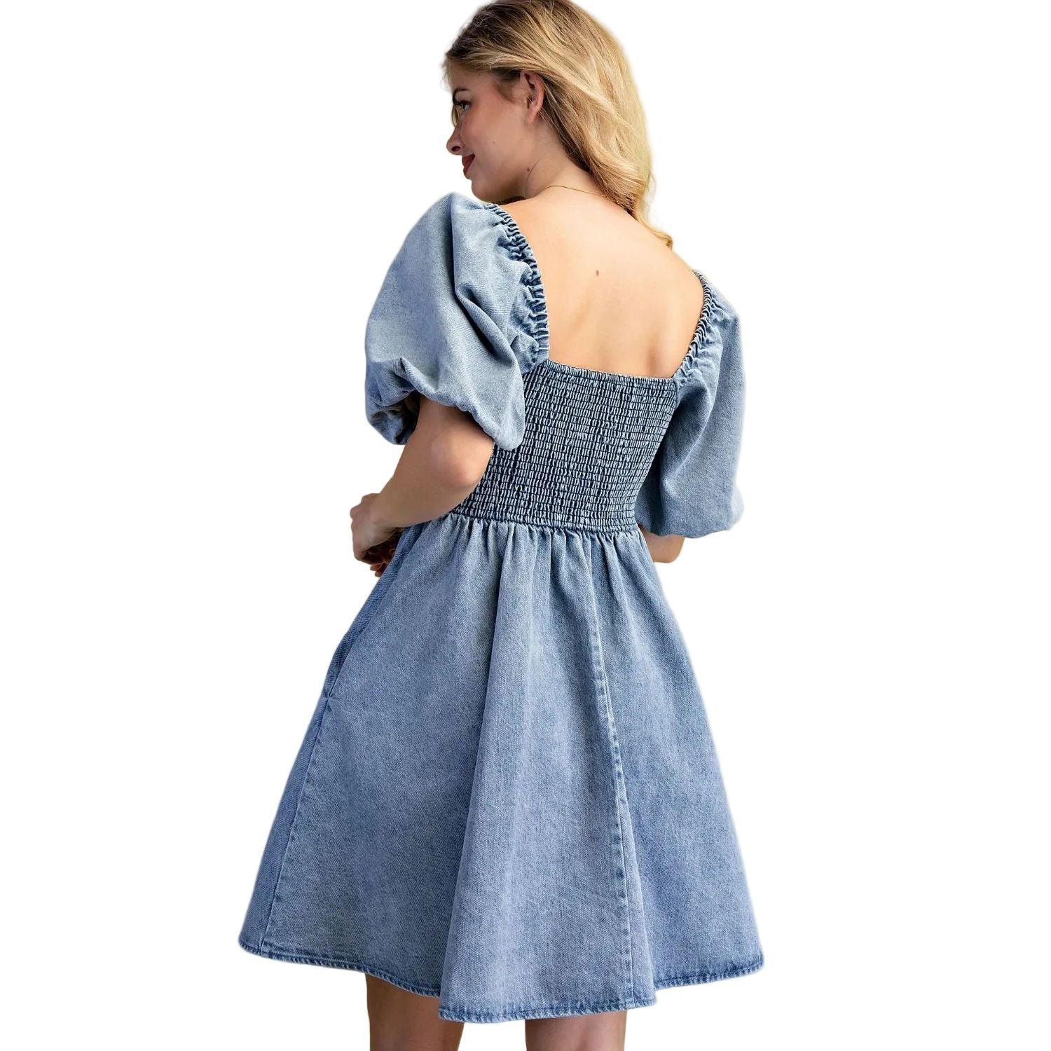 Women's Easel Short Bubble Sleeves Washed Denim Dress SD300080 S