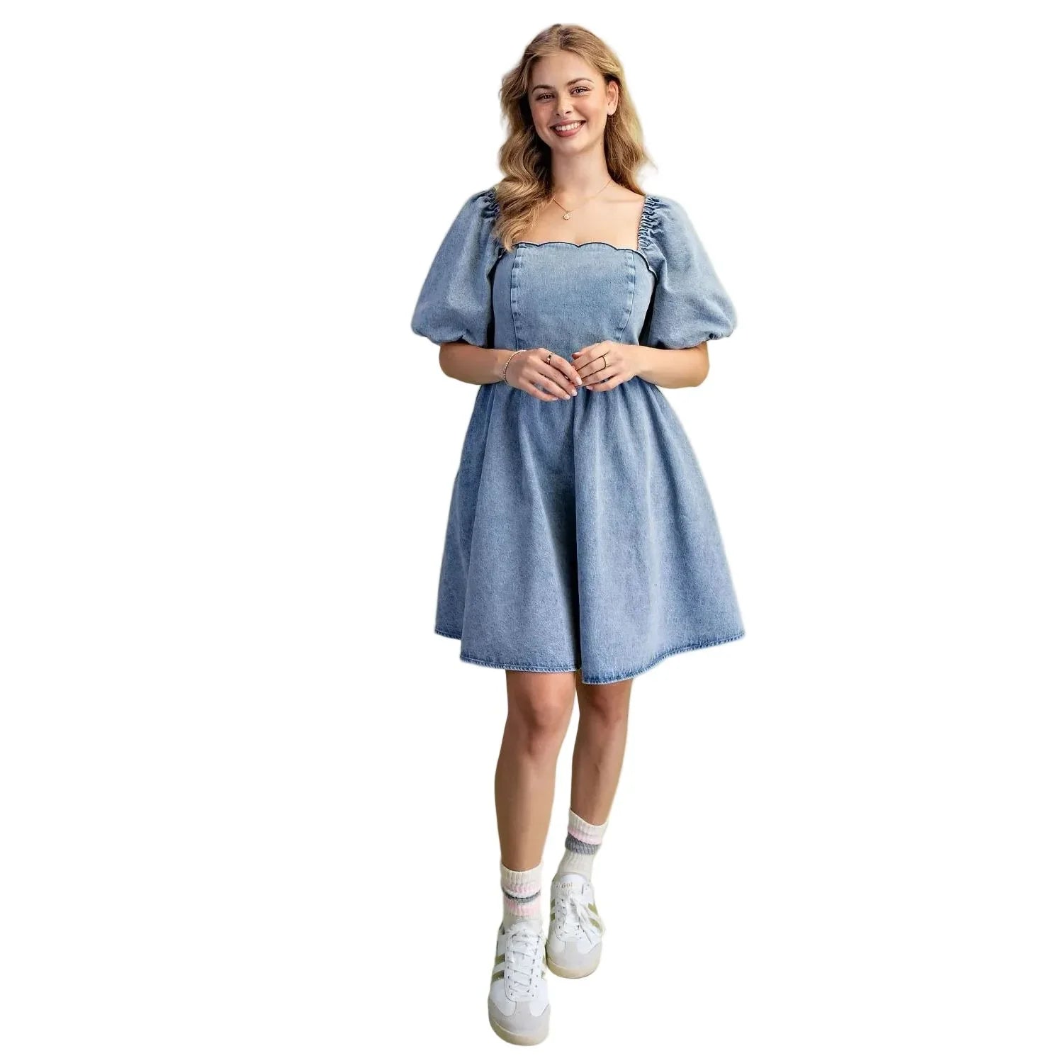 Women's Easel Short Bubble Sleeves Washed Denim Dress SD300080 S