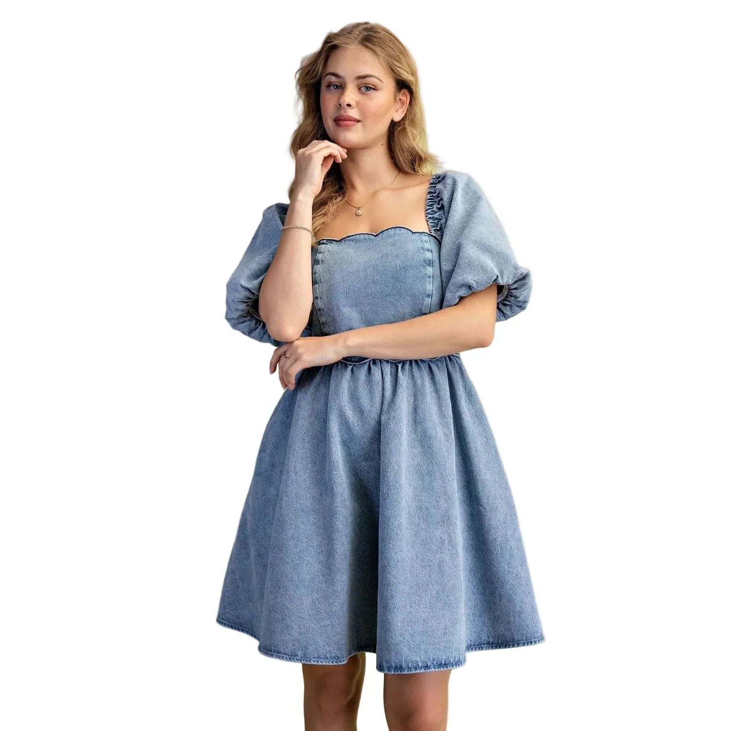 Women's Easel Short Bubble Sleeves Washed Denim Dress SD300080 S