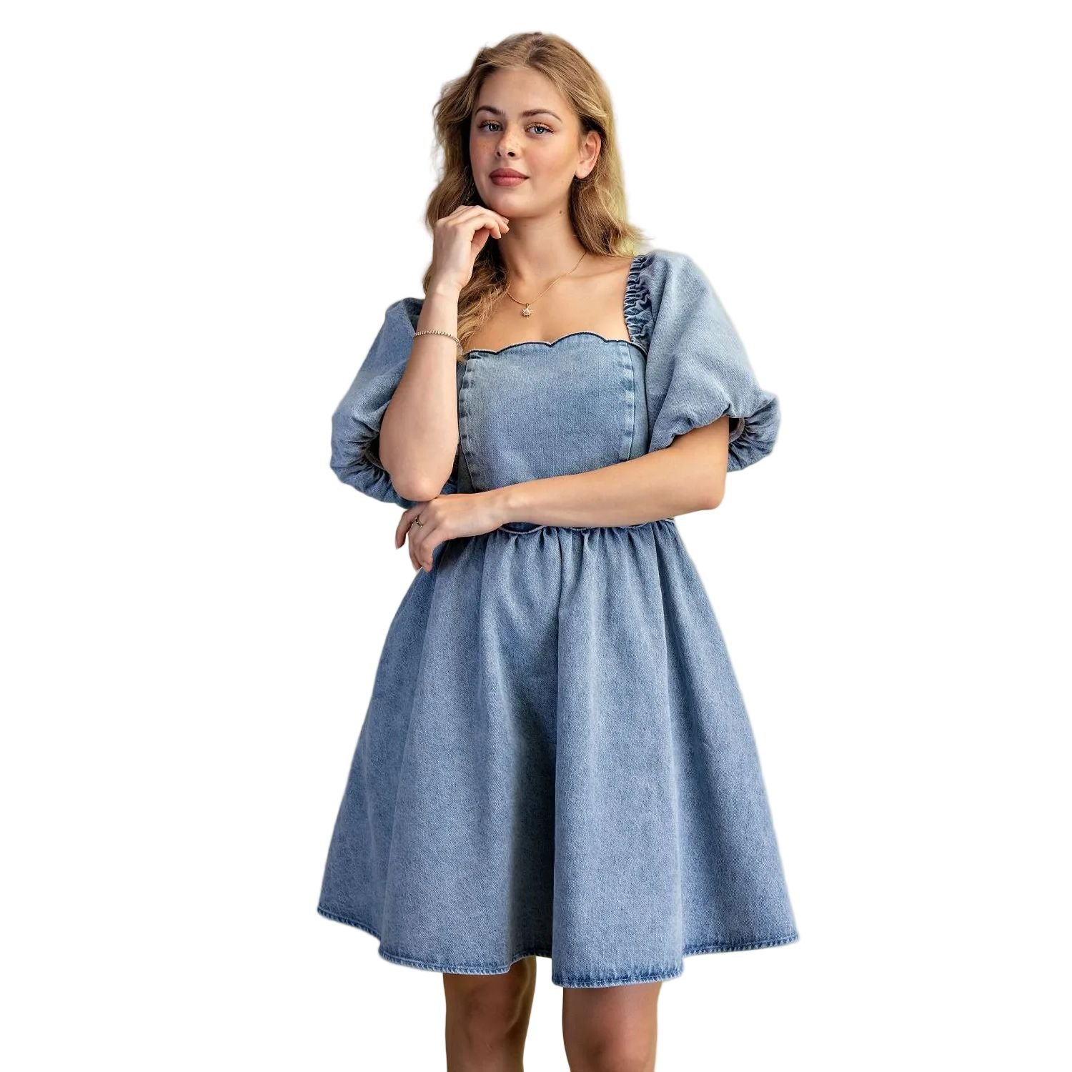 Women's Easel Short Bubble Sleeves Washed Denim Dress SD300080