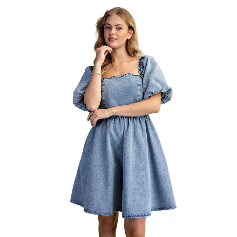 Women's Easel Short Bubble Sleeves Washed Denim Dress SD300080