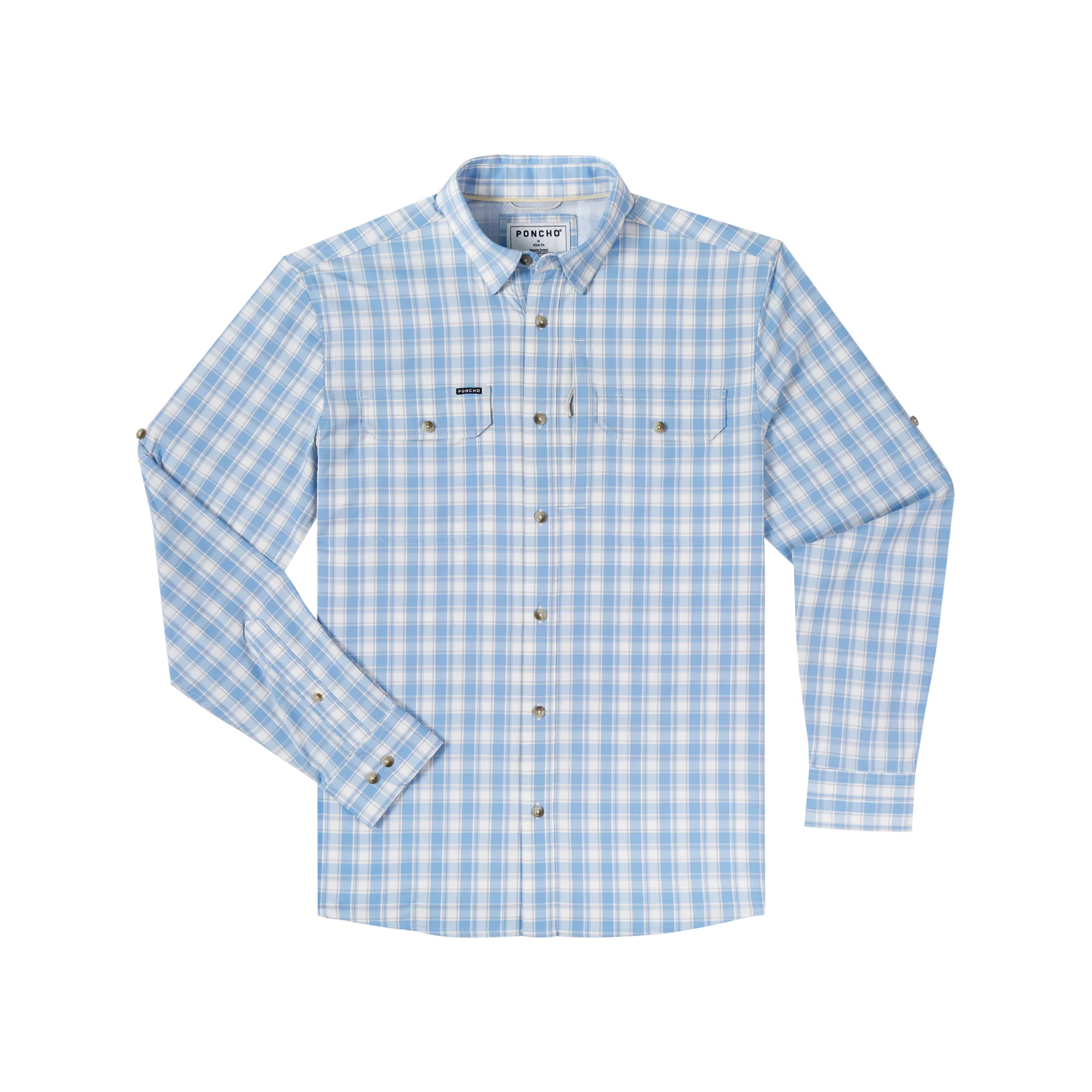 Men's Poncho Blue and White Plaid The Snake River Long Sleeve Button Up Shirt 