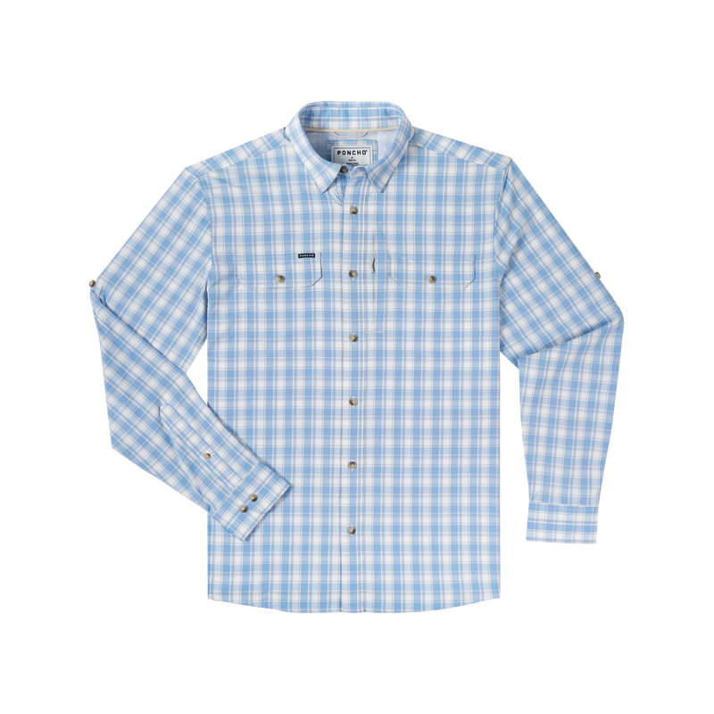 Men's Poncho Blue and White Plaid The Snake River Long Sleeve Button Up Shirt 