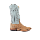 Tan cowboy boot with decorative white pattern on a white background