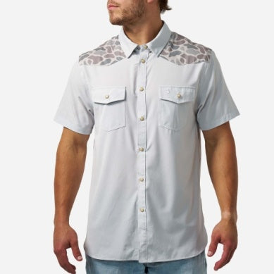 Men's Burlebo Light Gray and Classic Deer Camo Performance Western Shirt PWS-BRDSZN
