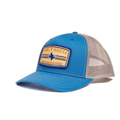 Blue Snapback with Tan Outfitter Patch - Crazy House Western Wear