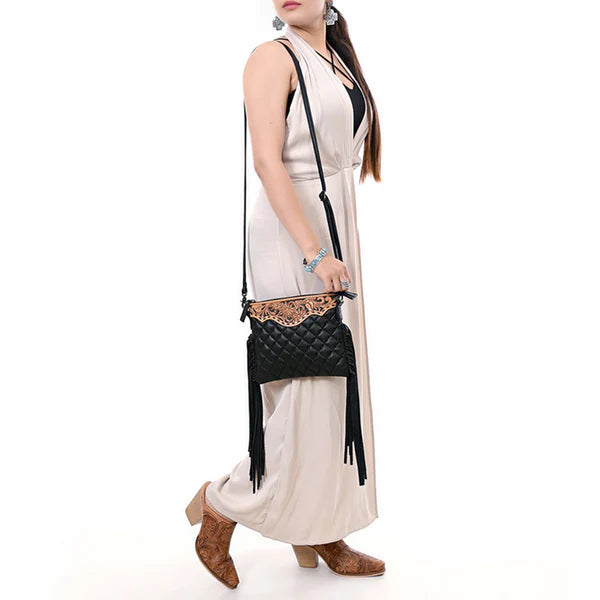 Women's American Darling Black Quilted and Fringe Crossbody Purse ADBG1683