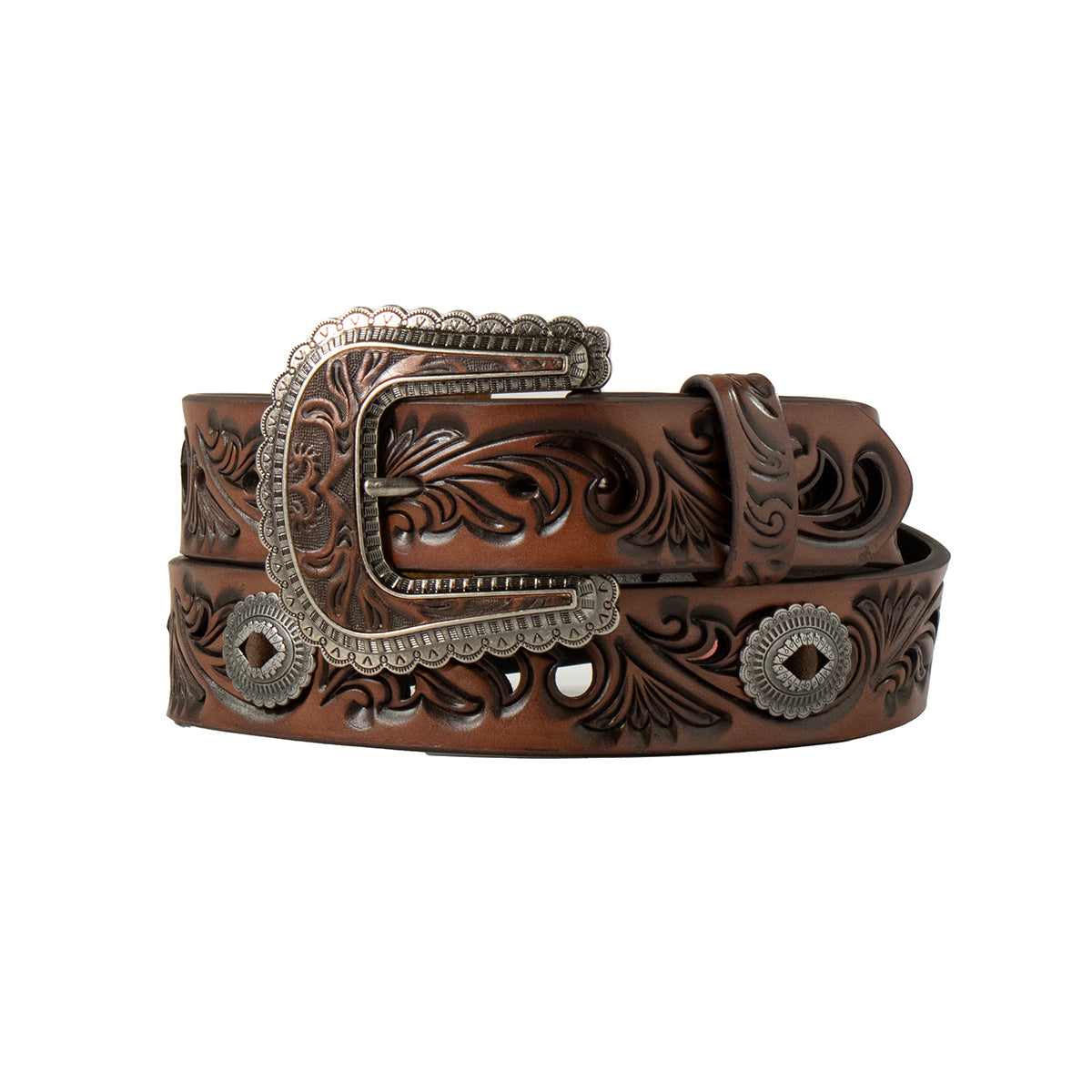 Women's Angel Ranch Brown Embossed Scrolling Design Leather Belt D140009702
