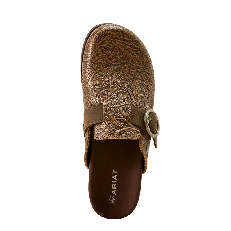 Women's Ariat Brown Floral Emboss Country Mule Slip On Shoes 10074266