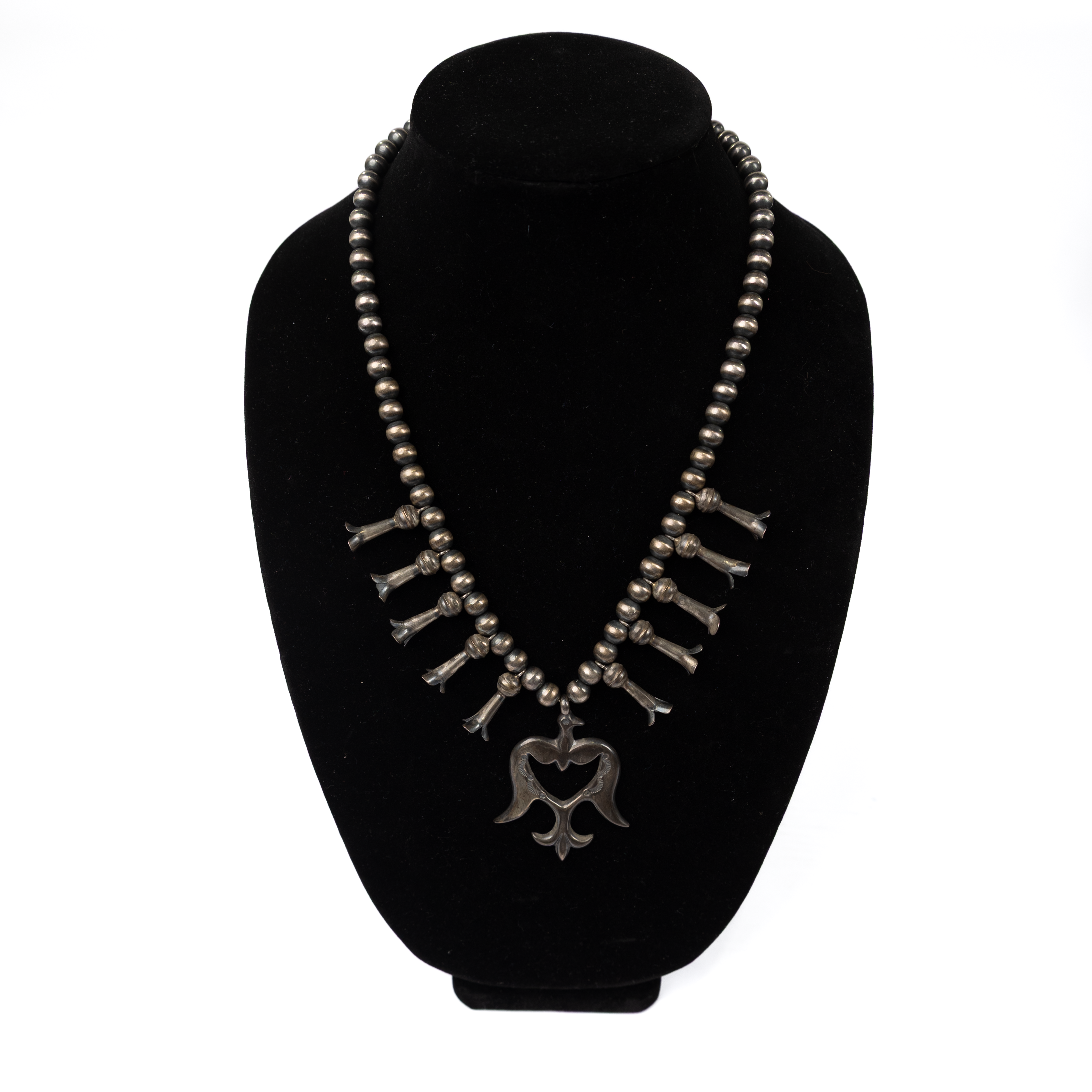 Women's Bilagaanas Handmade Silver Navajo Pearl Thunderbird Heart Necklace