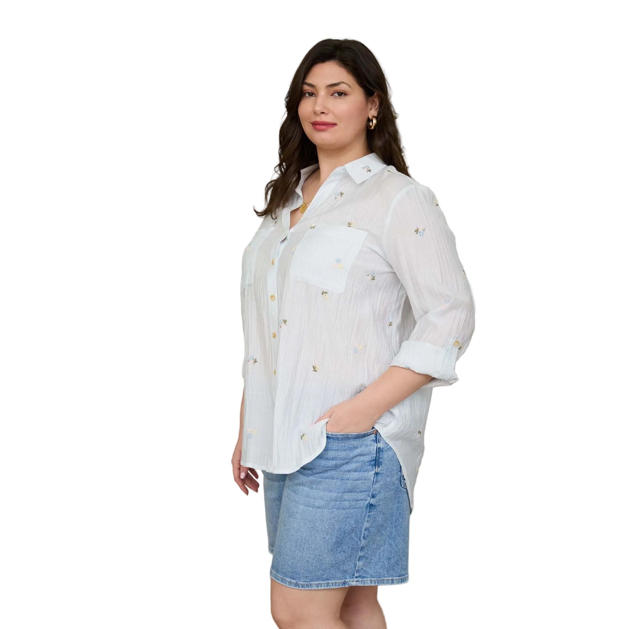 Women's Blu Pepper Light Blue Stripe Floral Embroidery Long Sleeve Top CR2784