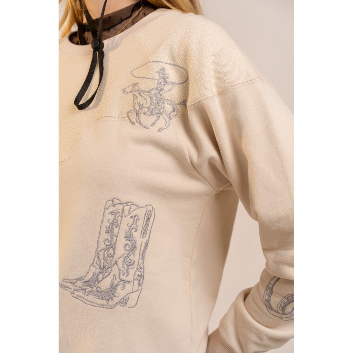 Women's Blue B Beige Western Yoke Cowboy Boots Sweatshirt 37773T