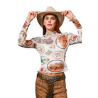 Women's Blue B Western Motif Mesh Mock Neck Long Sleeve Top 33147T