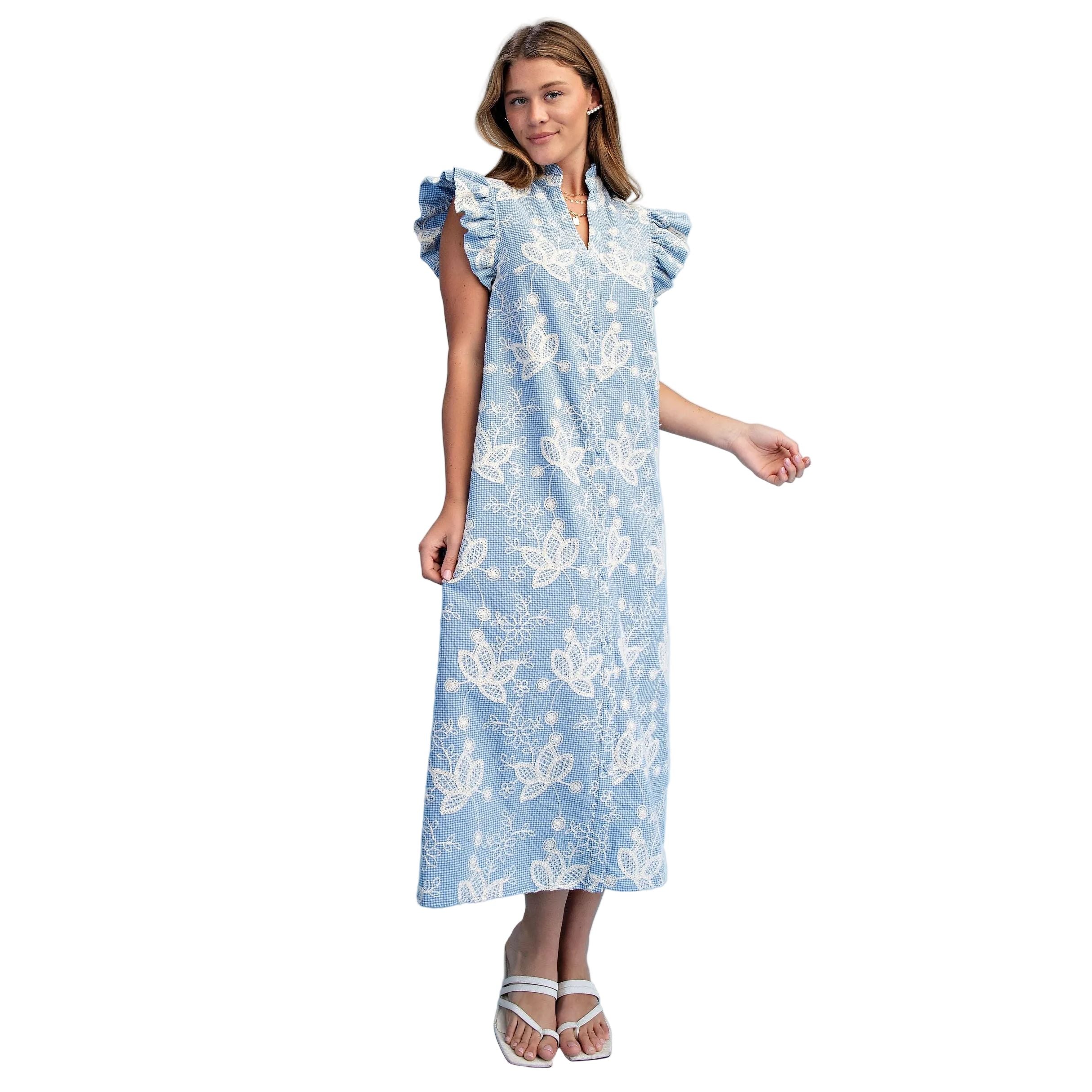 Women's Blue Floral Embroidered Gingham Print Midi Dress TE1768
