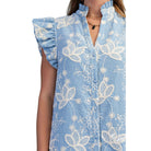 Women's Blue Floral Embroidered Gingham Print Midi Dress TE1768