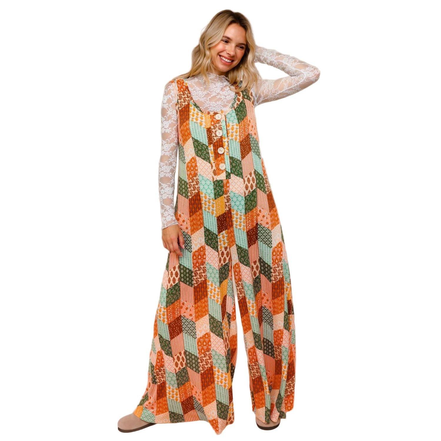 Women's Button Down Loose Jumpsuit W/ Side Pockets HR7222B