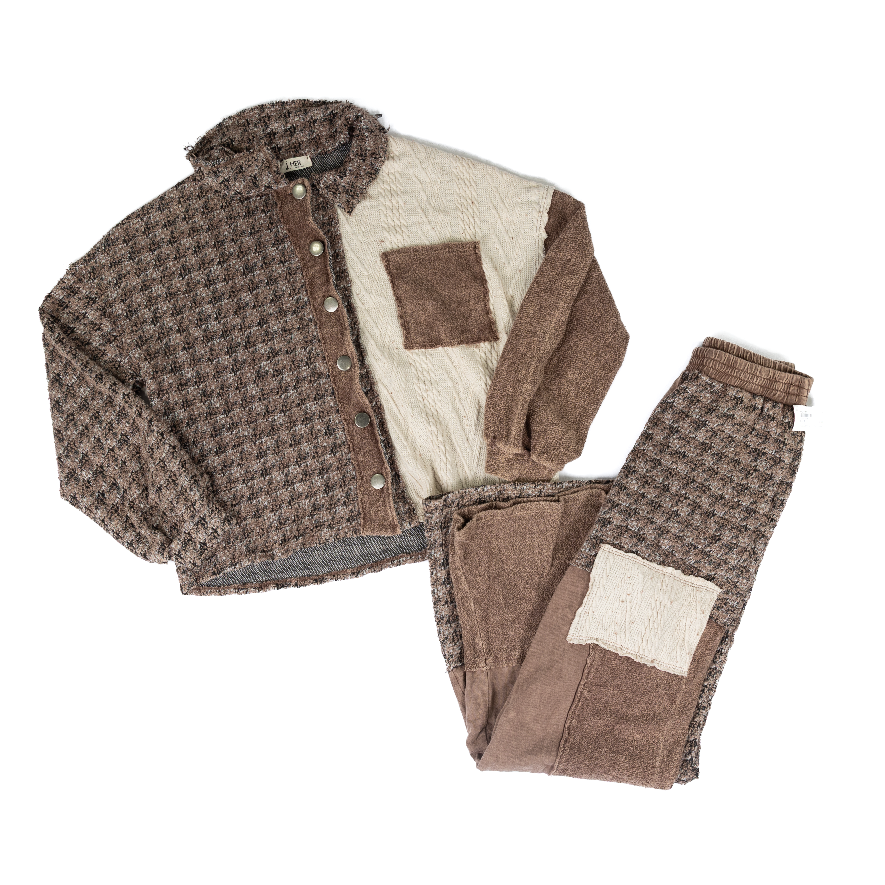 Women's Chocolate Mineral Washed Tweed Sweater Patched Pants HP6774P1