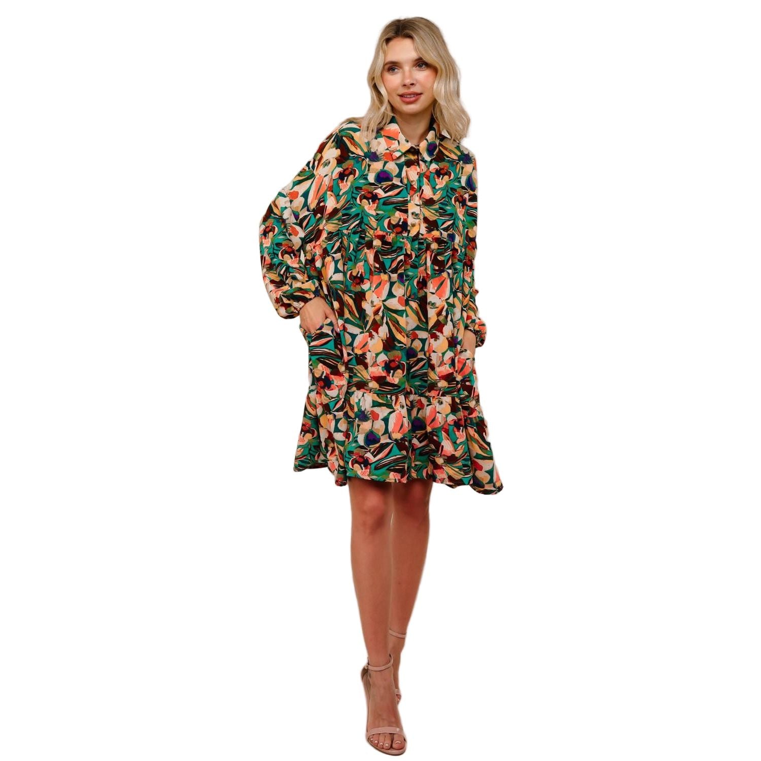 Women's Collared Floral Dress with Ruffle HD7160A