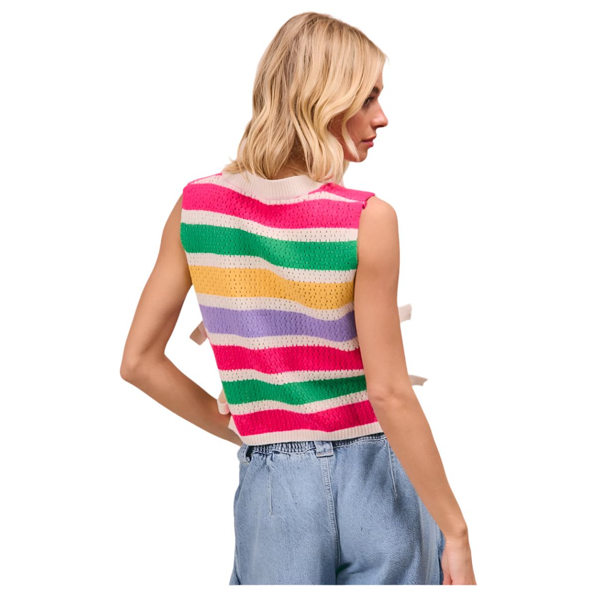 Women's Color Block Stripes Side Tied Sweater Vest IT3515-11 - Crazy House Western Wear
