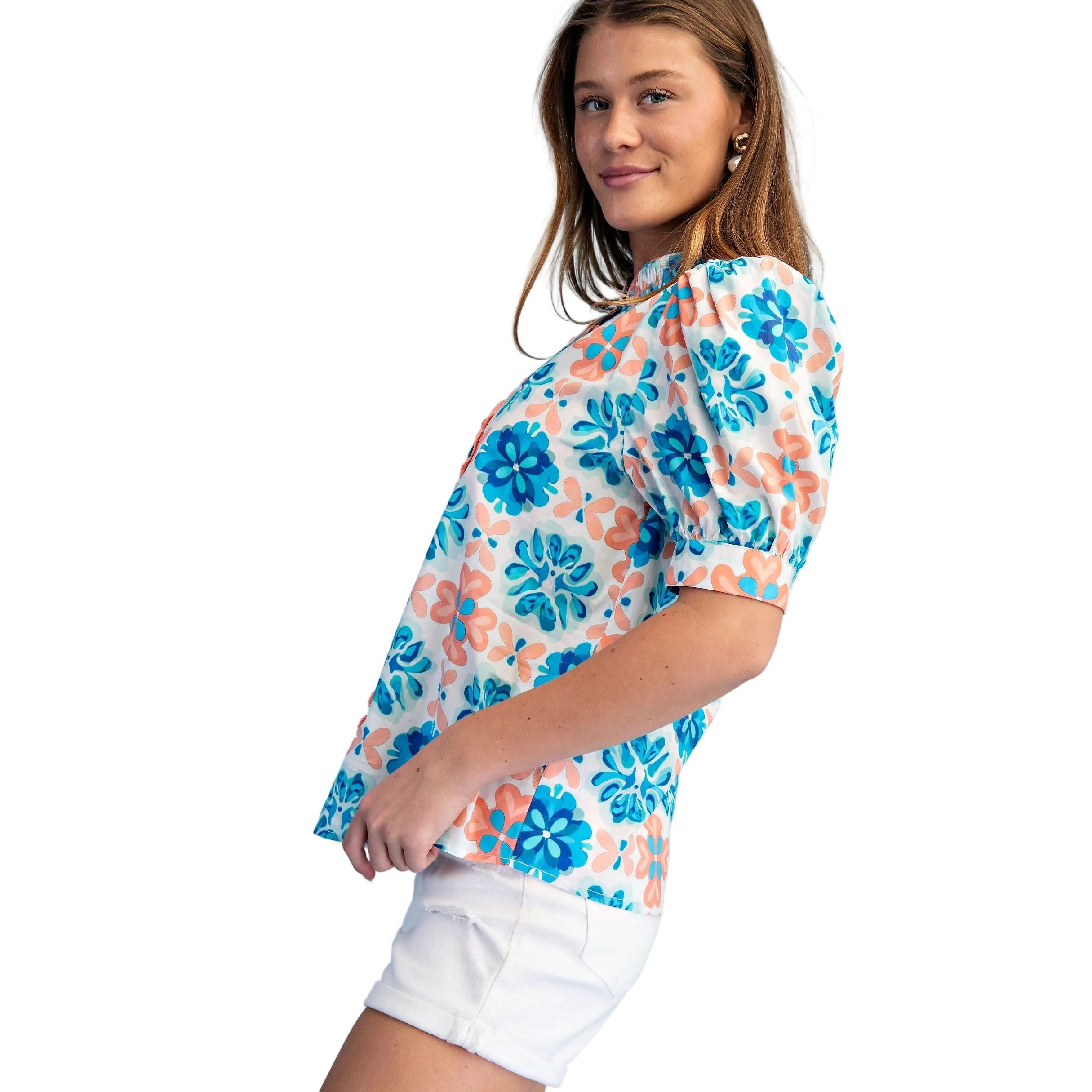 Women's Coral and Blue Abstract Floral Print Button Up Blouse TE1741