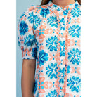 Women's Coral and Blue Abstract Floral Print Button Up Blouse TE1741