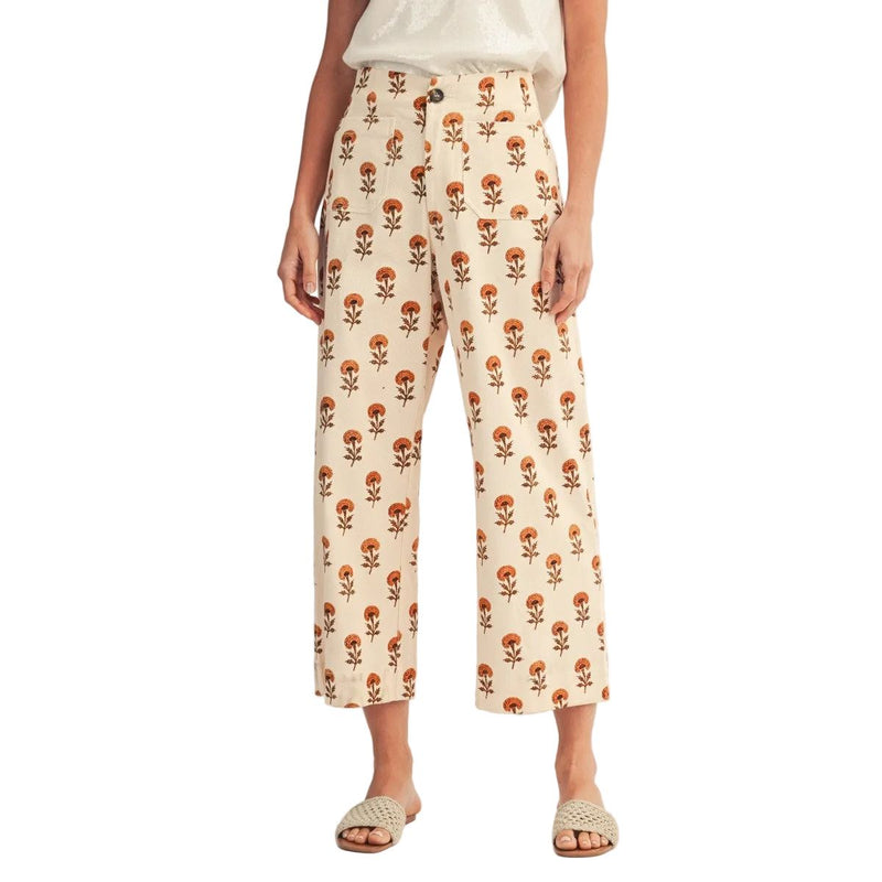 Women's Cream Wide Leg Boho Floral Casual Pants H41163-10