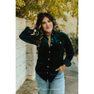 Women's Dark Teal Velvet Button Down Collared Shirt TO586-TL